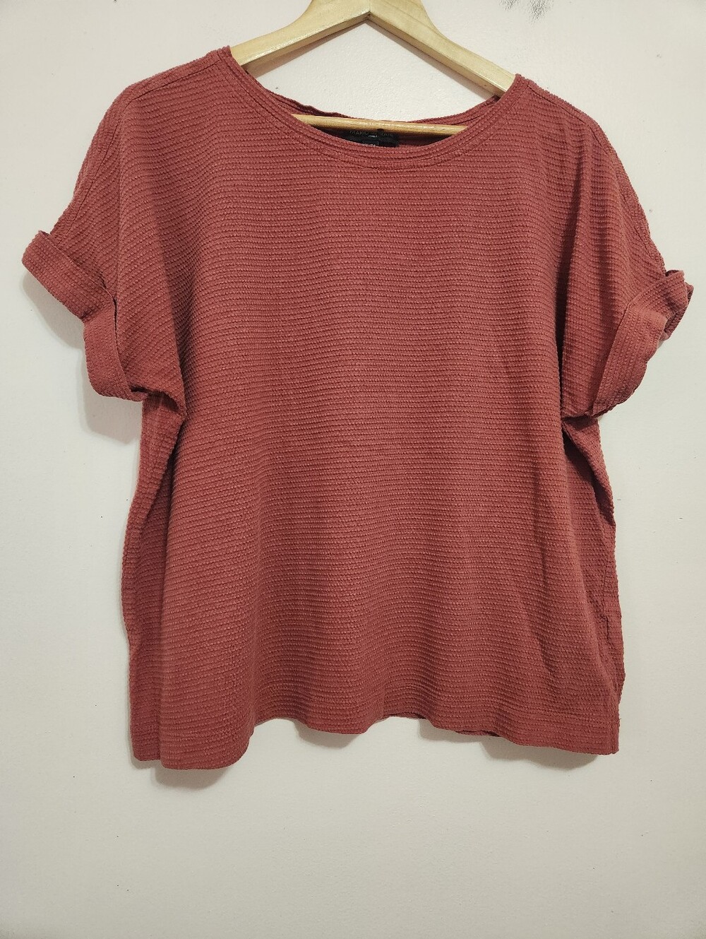 Mario Serrani Rust Textured Knit Boxy Cuffed Sleeve Top XL Minimalist Everyday